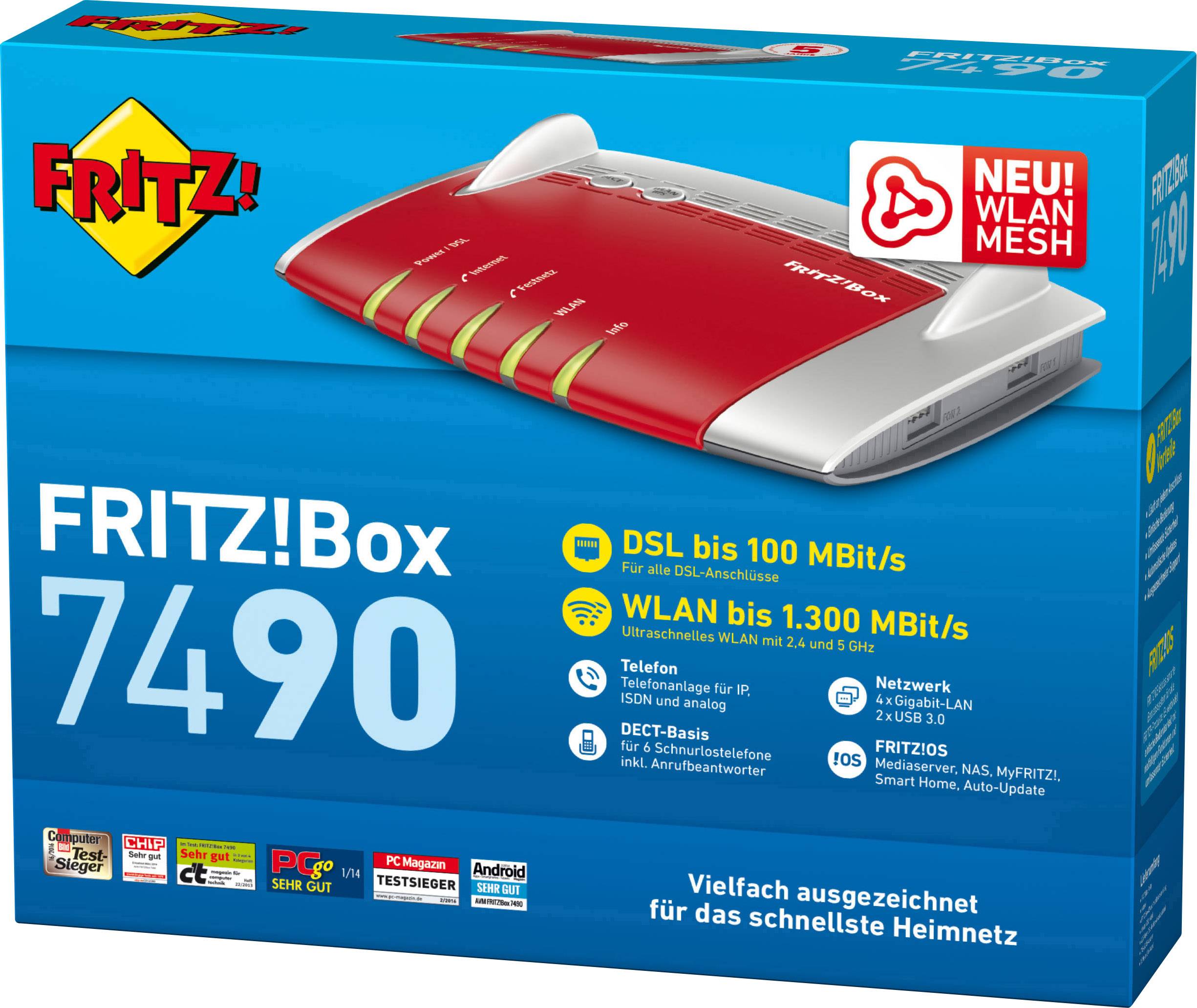 Eine rote und weiße FRITZ!Box 7490 auf einer blauen Verpackung. Unterstützt DSL bis 100 MBit/s und WLAN bis 1.300 MBit/s.