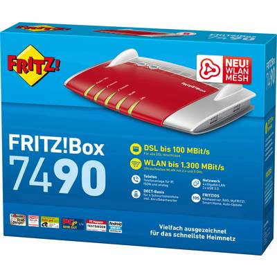 Eine rote und weiße FRITZ!Box 7490 auf einer blauen Verpackung. Unterstützt DSL bis 100 MBit/s und WLAN bis 1.300 MBit/s.