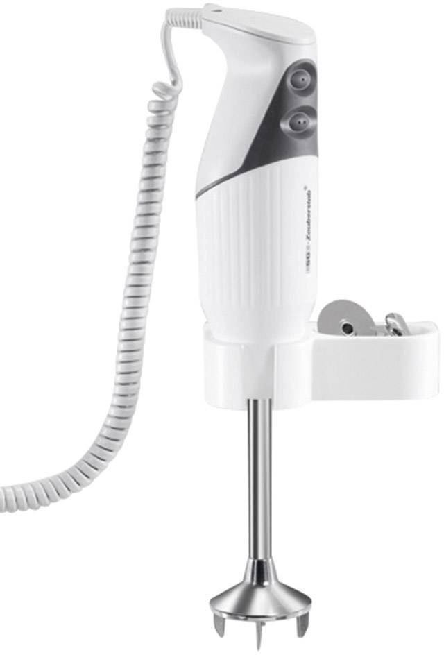 Ein weißer Stabmixer mit silbernem Mixkopf und gewelltem Kabel, das an einer Halterung befestigt ist. Zwei Bedienknöpfe sind sichtbar.