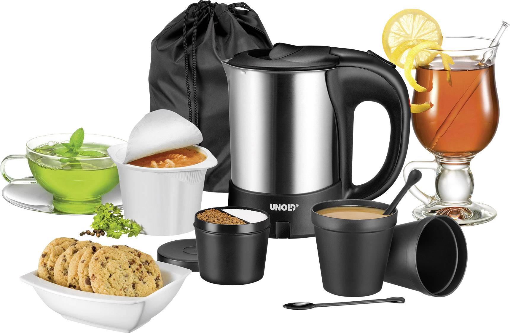 Ein elektrischer Wasserkocher mit verschiedenen Tees und Zubehör: Tassen mit grünem Tee und schwarzem Tee, Kekse und Zitrone.