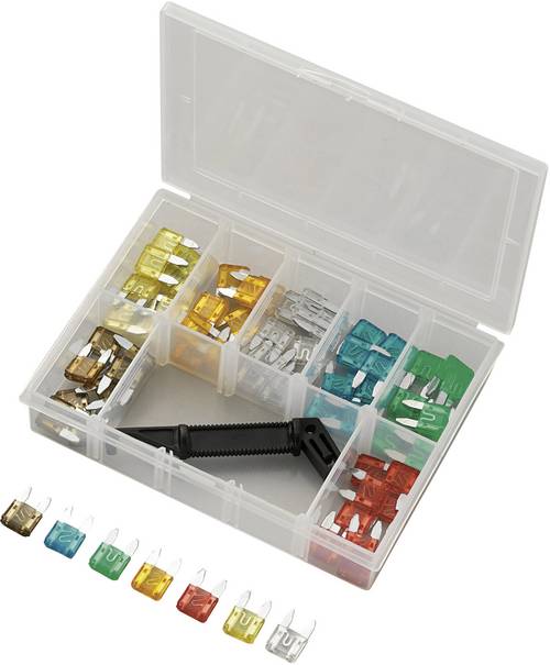 Transparente Aufbewahrungsbox mit bunter Auswahl an Flachsicherungen und Sicherungszieher.