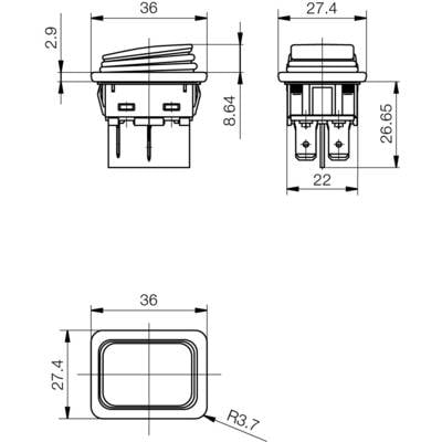 Technische Zeichnung eines rechteckigen Kippschalters mit Abmessungen: 36 mm Breite, 27,4 mm Höhe, 8,64 mm Tiefe, Anschlussstützen unten.