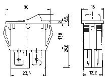 Technische Zeichnung eines Schalters mit Maßen: Breite 30 mm, Tiefe 23,6 mm, Höhe 15 mm. Seitliche Ansicht zeigt eine Tiefe von 12,2 mm.