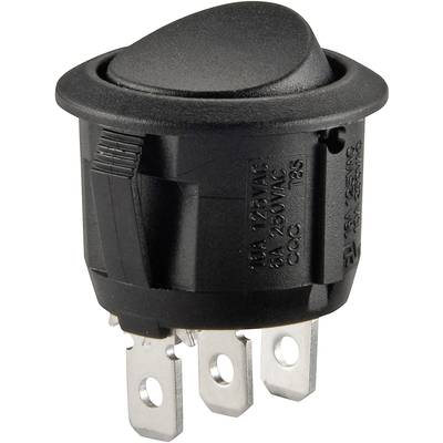 Schwarz-weißer Kipphebel-Schalter mit drei Metallkontakten. Label zeigt Spannung und Stromstärke: '10A 125VAC', '6A 250VAC'.