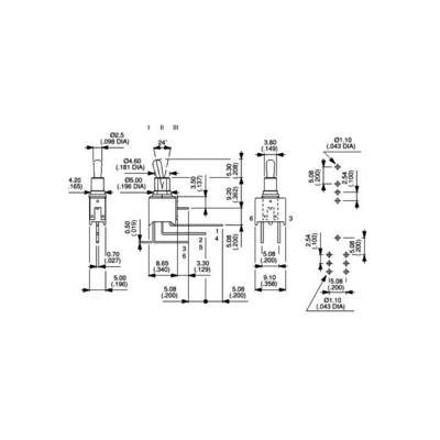 Technische Zeichnung eines mechanischen Bauteils mit verschiedenen Ansichten, Abmessungen in Zoll angegeben, Maße und Toleranzen.