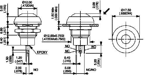 Technische Zeichnung eines mechanischen Schalters mit Abmessungen in Millimetern und Zoll. Zeigt die Draufsicht und Seitenansicht mit Details zur Größe.