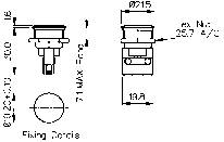 'Technische Zeichnung eines runden elektrischen Bauteils mit Abmessungen: Durchmesser 21,5 mm, Höhe 71 mm, Bohrungsabstand 8 mm.'