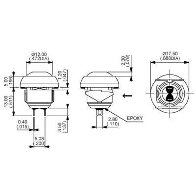 Technische Zeichnung eines Sensors mit drei Ansichten. Maße in Millimetern und Zoll angegeben. Wichtigste Dimensionen und Details markiert.