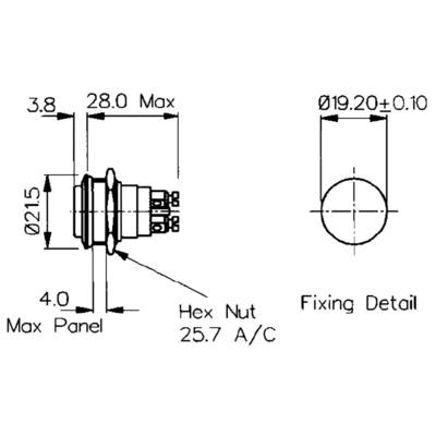 Technische Zeichnung eines elektrischen Schalters, seitlich und in der Draufsicht, mit Maßen und Befestigungsdetails.