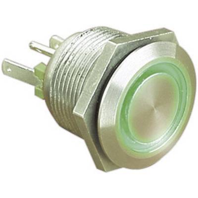 Ein runder, grüner LED-Druckknopf mit Metallgewinde und zwei Anschlüssen zum Einbau in elektronische Geräte.