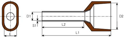 Technische Zeichnung einer zylindrischen Düse mit Abmessungen. Zeigt Längen und Durchmesser, seitliche und frontale Ansicht.