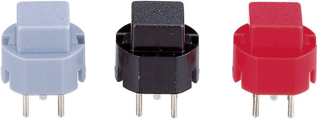 Drei mechanische Tastenschalter in verschiedenen Farben: blau, schwarz und rot, frontalansicht, jeweils mit zwei Metallpins unten.