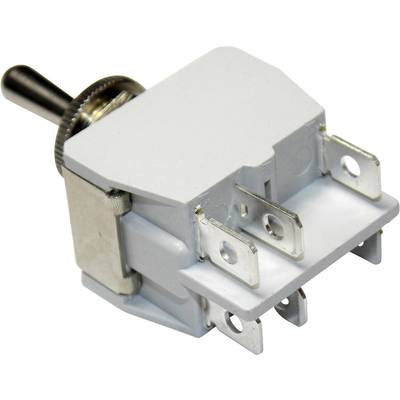 Ein Kippschalter mit Metallhebel und vier Steckanschlüssen, geeignet für elektronische Schaltungen und Steuerungen.