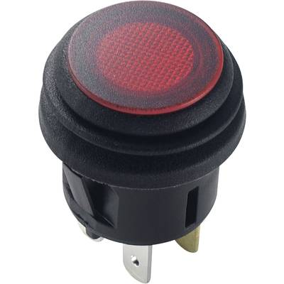 Runder, roter Druckschalter mit schwarzem Gehäuse für elektronische Geräte, geeignet für Ein- und Ausschaltfunktionen.