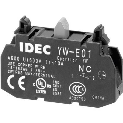Elektrischer Schalterblock IDEC YW-E01, mit Betriebsspannung 600V, Stromstärke 10A. Zeigt technische Details und Spezifikationen.