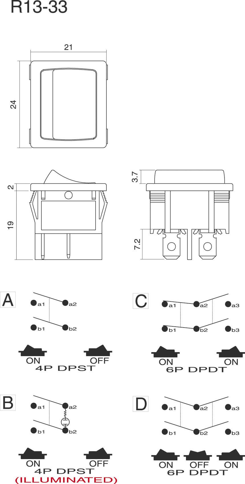 'R13-33 Kippschalter technische Zeichnung. Zeigt Abmessungen, Anschlussdiagramme für 4P DPST, 4P DPST beleuchtet, 6P DPDT.'