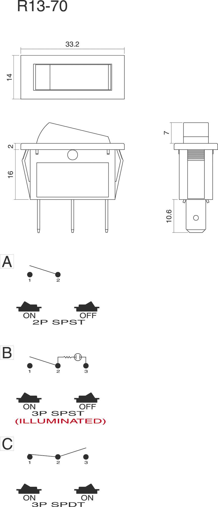 Schalterdiagramm für R13-70: A zeigt 2P 6PST an, B zeigt 3P 6PST (beleuchtet) an, C zeigt 3P 6PST an. Oben technische Zeichnung des Schalters.