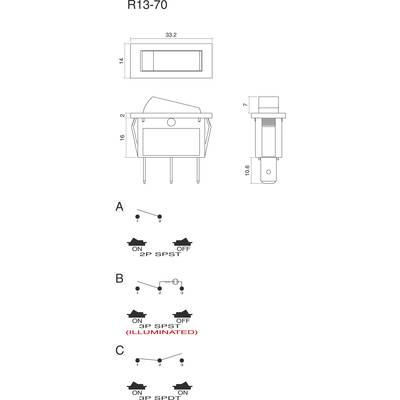 Schalterdiagramm für R13-70: A zeigt 2P 6PST an, B zeigt 3P 6PST (beleuchtet) an, C zeigt 3P 6PST an. Oben technische Zeichnung des Schalters.