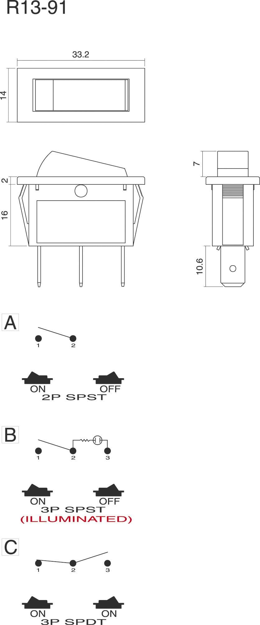 Technische Zeichnung eines Schalters: Oben Abmessungen, unten elektrische Schaltpläne. A: 2-polig SPST, B: 3-polig SPST (beleuchtet), C: 3-polig SPST.