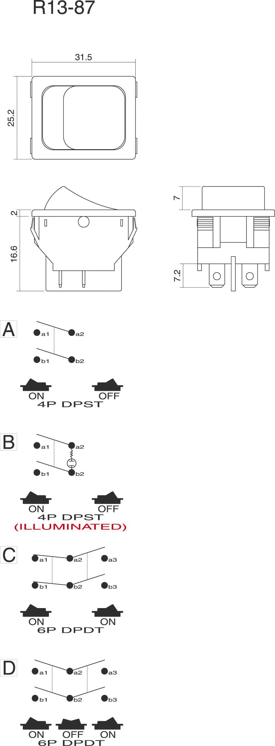 Technische Zeichnung von Wippschaltern. Obere Ansicht zeigt Abmessungen, untere Ansicht vier Typen: A, B (illuminated), C und D mit Schaltplänen.