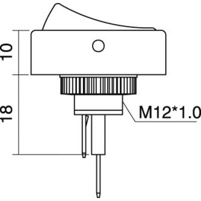 Technische Zeichnung eines Schalters mit Abmessungen: 10 cm Höhe, 18 cm Breite. Der Anschluss ist mit 'M12*1.0' gekennzeichnet.