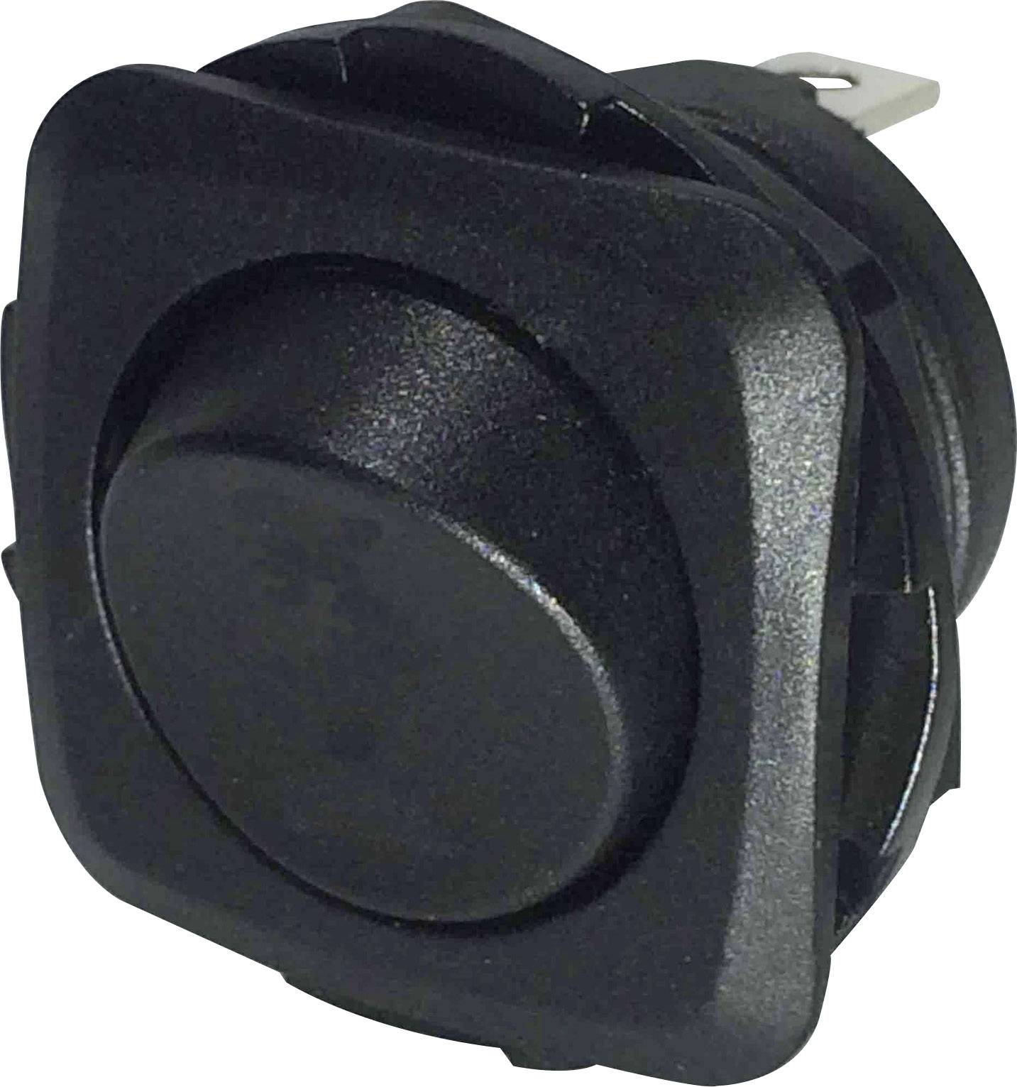 'Ein schwarzer runder Druckknopf in einem quadratischen Gehäuse, seitlich montierbar.'