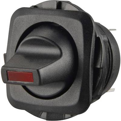 Schwarzer Drehschalter mit rotem Markierungspunkt, zeigt die vorherrschende Schalterstellung an. Elektronikkomponente.