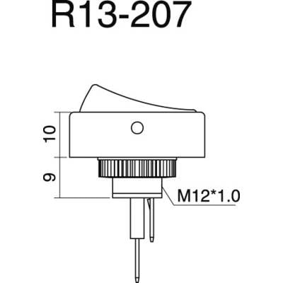 Zeichnung eines Schalters mit Bezeichnung 'R13-207'. Maße: Höhe 10 mm, Breite 9 mm. Gewindegröße M12*1.0.