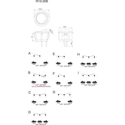 'R13-208' zeigt Schalterdiagramme mit verschiedenen Schaltzuständen: (A-D) SPST, (E-H) kombinierte Schaltungen. Diagramme und Maßskizzen oben.