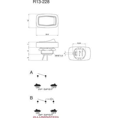 Diagramm eines rechteckigen Schalters R13-228. Oben sind die Maße angezeigt. Unten Schaltpläne: '2P SPST' (A) und '3P SPST (illuminated)' (B).
