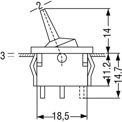 Technische Zeichnung eines Kippschalters mit Maßen: 18,5 mm Breite, 14,7 mm und 11,2 mm Höhenangaben. Zeigt Seitenansicht.