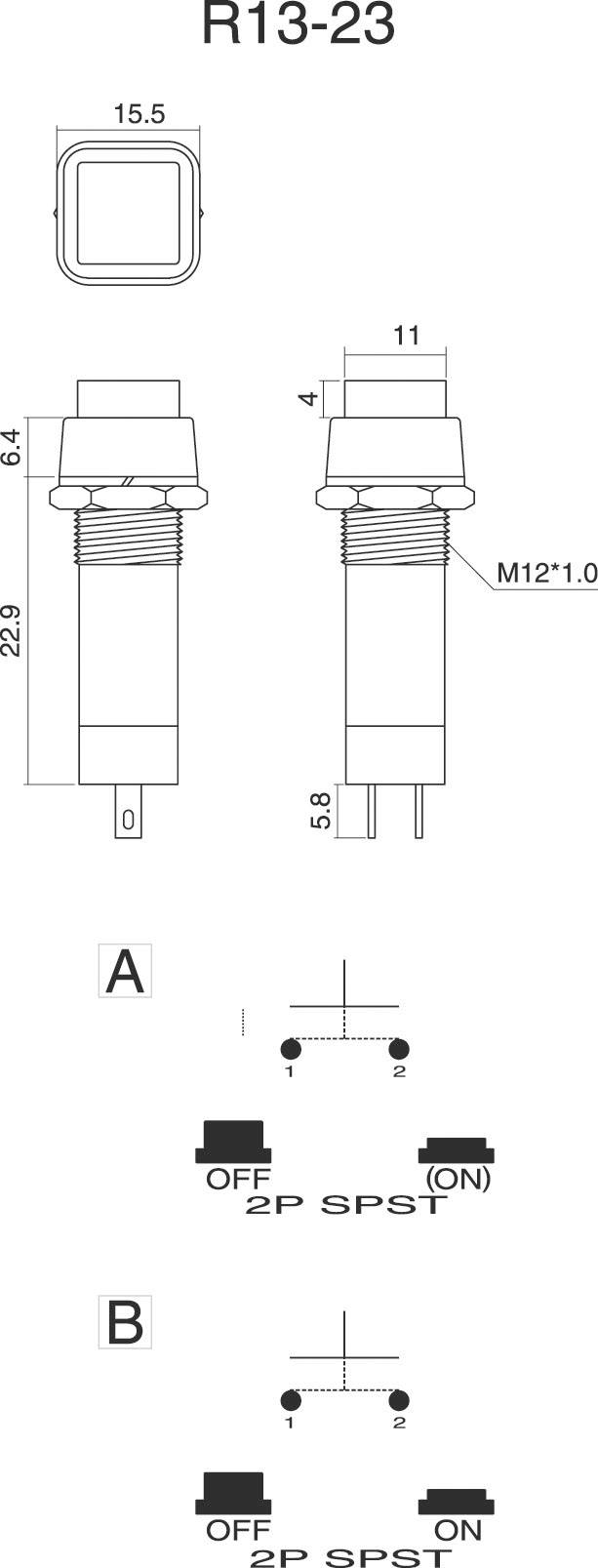 Zeichnung des Tasters R13-23. Oben Abmessungen der Bauteile. Unten Schaltpläne A und B für 2P SPST (OFF und ON).