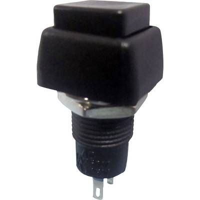 Ein schwarzer Druckschalter mit rechteckigem Knopf und Metallgewinde für die elektrische Verbindung.