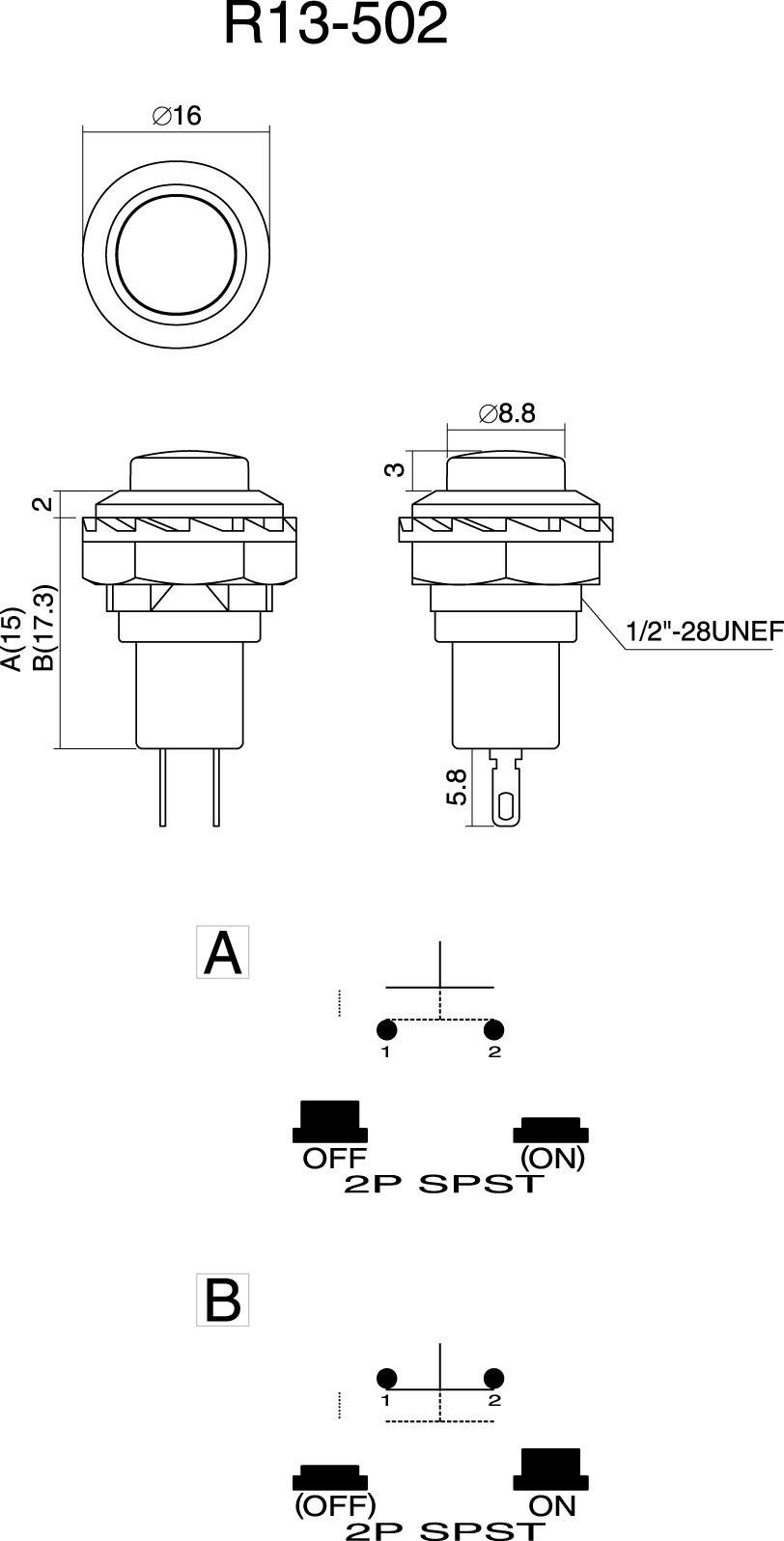 'R13-502 Druckknopf-Schalter: Obenansicht zeigt Knopf mit 16 mm Durchmesser, Seitenansichten mit Maßen und 1/2"-28UNEF-Gewinde. Diagramme A und B zeigen verschiedene Schaltkreise für 2P SPST.'