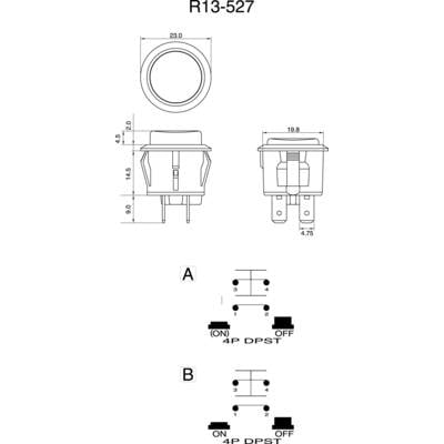 'R13-527' Rundschalter, technische Zeichnungen mit Maßen 23x14,5 mm. Diagramme zeigen Schaltkreise für 4P DPST in Positionen (ON) und OFF.