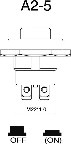 Technische Zeichnung eines Schalters mit der Aufschrift 'A2-5'. Schalterstatus unten: 'OFF' und '(ON)'.