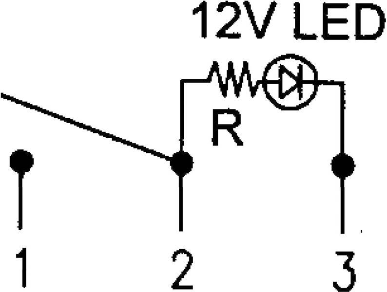 '12V LED-Schaltung' zeigt Widerstand (R) und LED zwischen den Anschlüssen 2 und 3. Anschluss 1 ist mit einem offenen Ende verbunden.