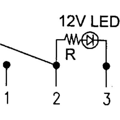 '12V LED-Schaltung' zeigt Widerstand (R) und LED zwischen den Anschlüssen 2 und 3. Anschluss 1 ist mit einem offenen Ende verbunden.