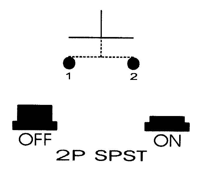 '2P SPST'-Schalternetzwerksymbol mit zwei Kreisen, die mit einer gestrichelten Linie verbunden sind. Beschriftet mit 'ON' und 'OFF'.