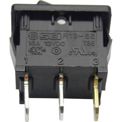 Ein schwarzer Kippschalter mit drei Metallkontakten, Beschriftung: '16A 12VDC', Modell R13-66, geeignet für elektrische Anwendungen.