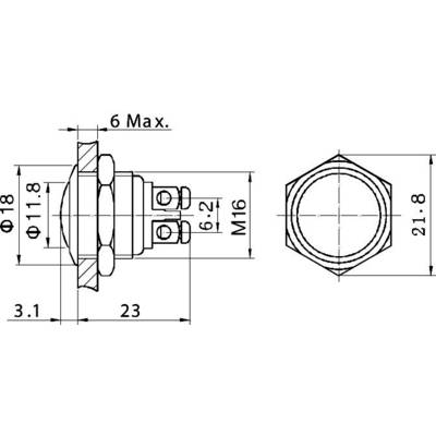 Technische Zeichnung eines sechseckigen Schalters mit Abmessungen. Durchmesser 18 mm, Höhe 11,8 mm, Gewindegröße M16.