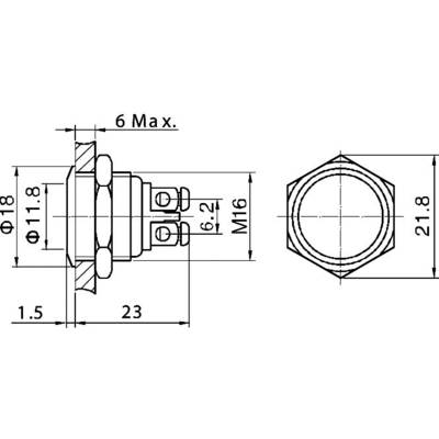 Technische Zeichnung eines Knopfes mit Abmessungen: Durchmesser 18 mm, Tiefe 23 mm, Höhe 6,2 mm, Gewinde M16. Seiten- und Draufsicht.