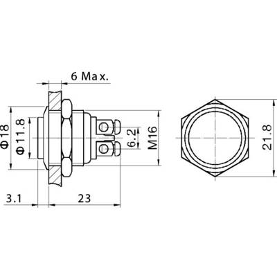 Technische Zeichnung eines M16-Steckverbinders mit Maßen: Durchmesser 11,8 mm, Gesamtlänge 23 mm, Gewinde M16, Höhe 3,1 mm.