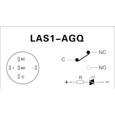 Schaltsymbol eines Relais: 'LAS1-AGQ'. Zeigt Anschlüsse für C, NC und NO sowie eine LED mit Widerstand in der Schaltung.