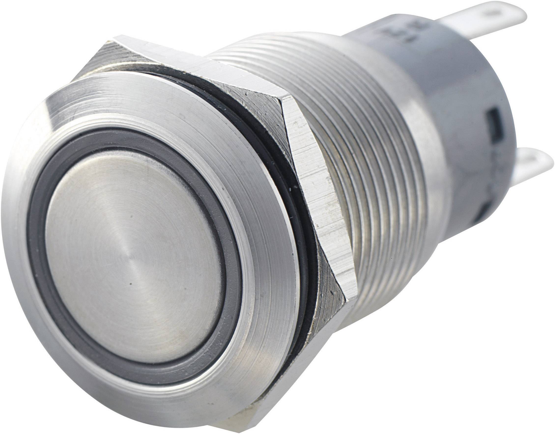 Runder, silberner Metallknopf mit Gewinde und zwei Metallanschlüssen, typischerweise verwendet als Druckschalter in elektronischen Geräten.