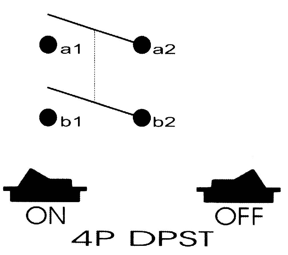 Schaltschema eines 4-poligen DPST-Schalters mit zwei Zuständen: 'ON' und 'OFF'. Kontakte a1, b1, a2, b2 sind verbunden im 'ON'-Zustand.