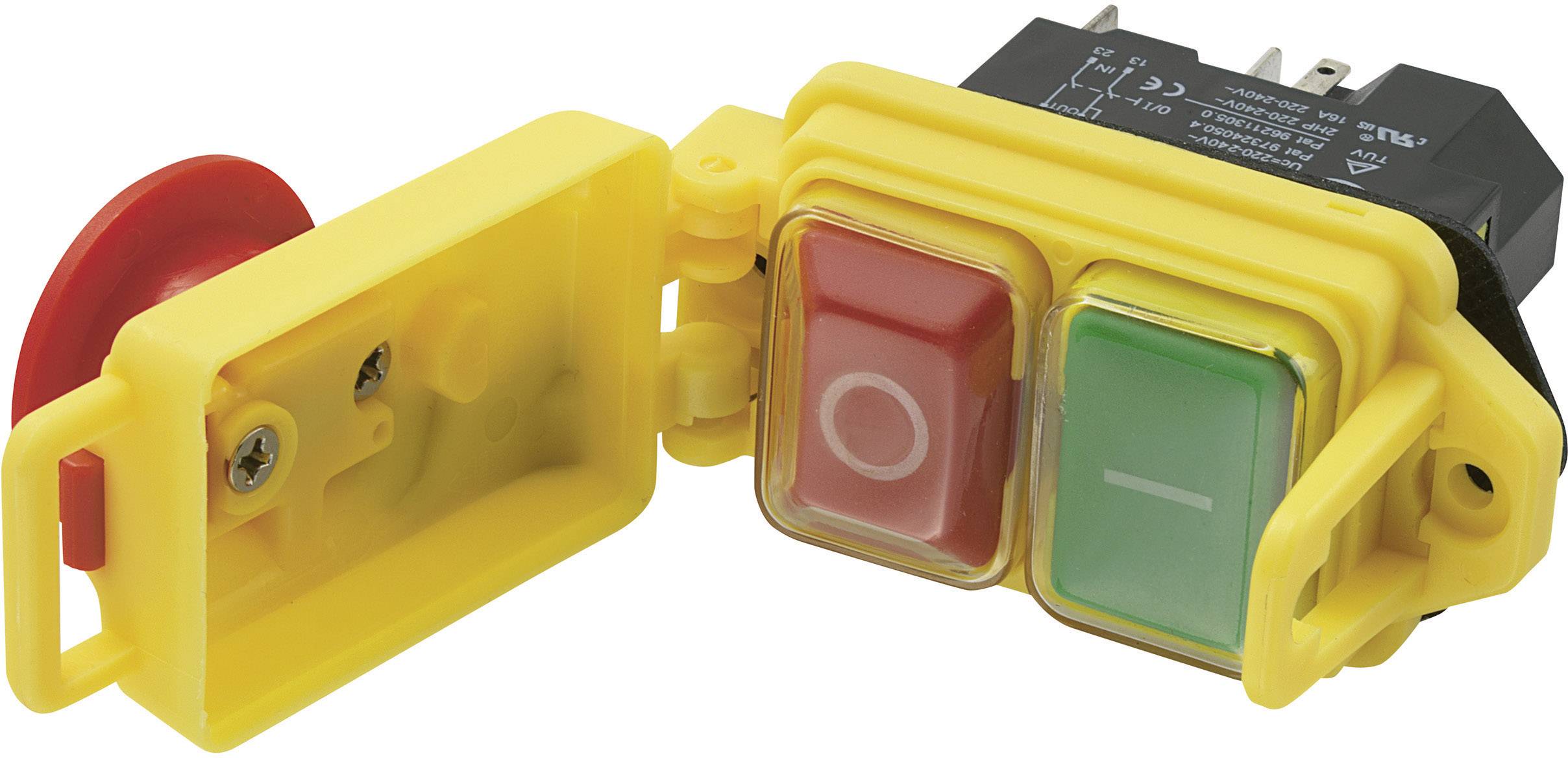 Gelber Not-Aus-Schalter mit abnehmbarer Abdeckung, darunter rote 'Aus'- und grüne 'Ein'-Knöpfe.