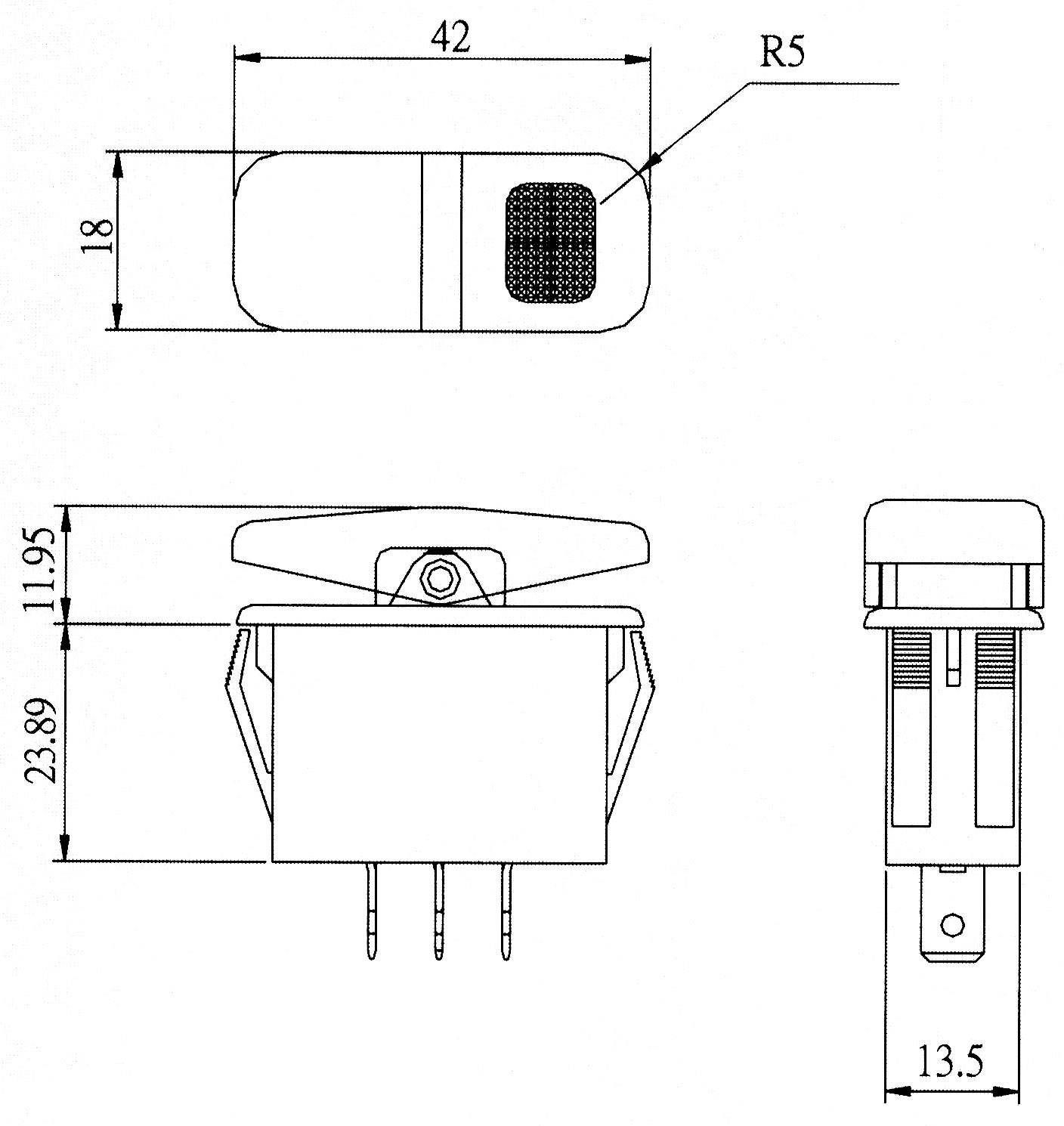 Elektrischer Kippschalter: Detailzeichnung mit Abmessungen 42mm x 23,89mm, R-5 Kurve, zeigt Vorder-, Seiten-, und Draufsicht mit Anschlussstiften.