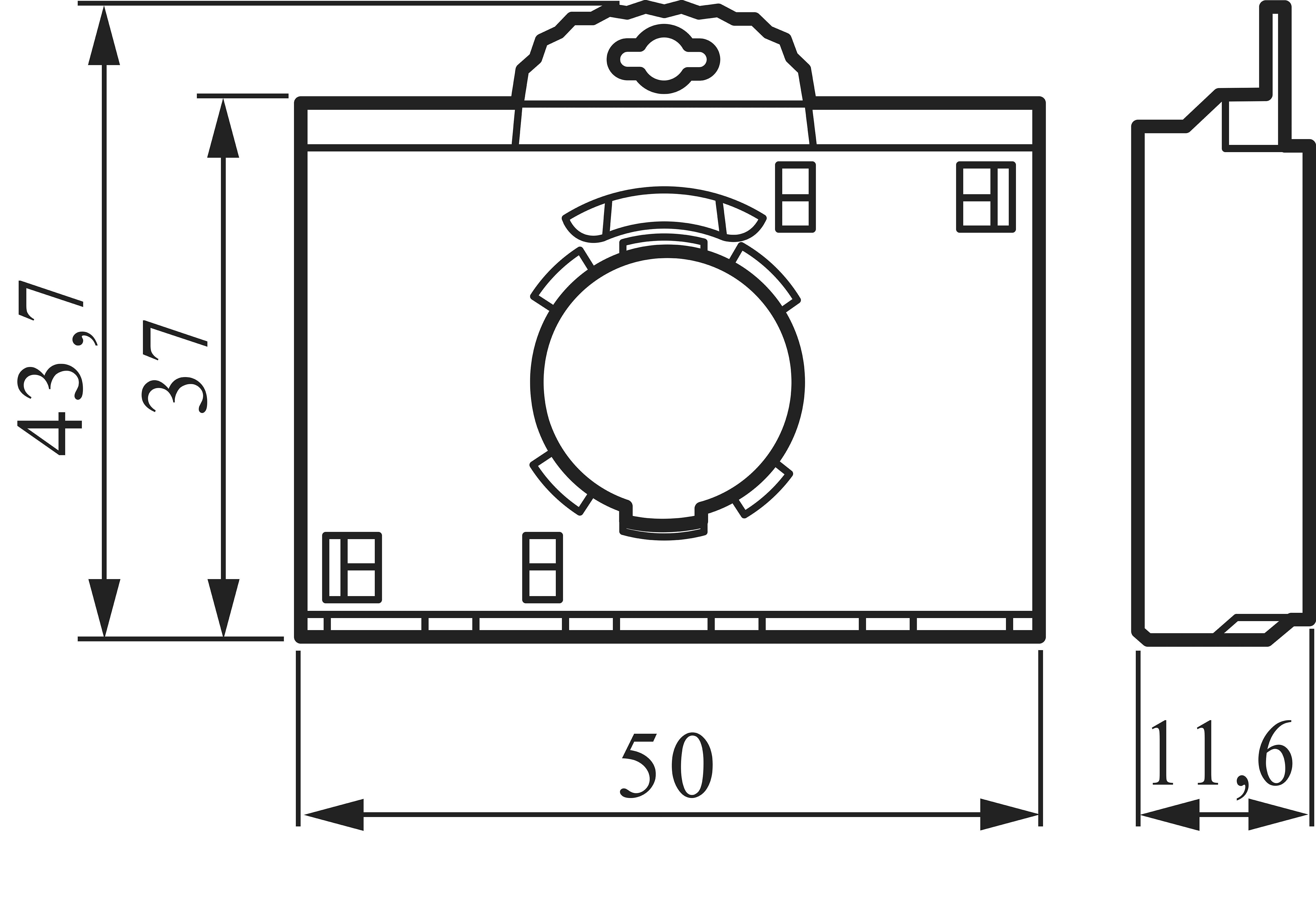 Technische Zeichnung eines rechteckigen Geräts mit Maßangaben: 43,7 mm hoch, 50 mm breit und 11,6 mm tief; zeigt Front- und Seitenansicht.