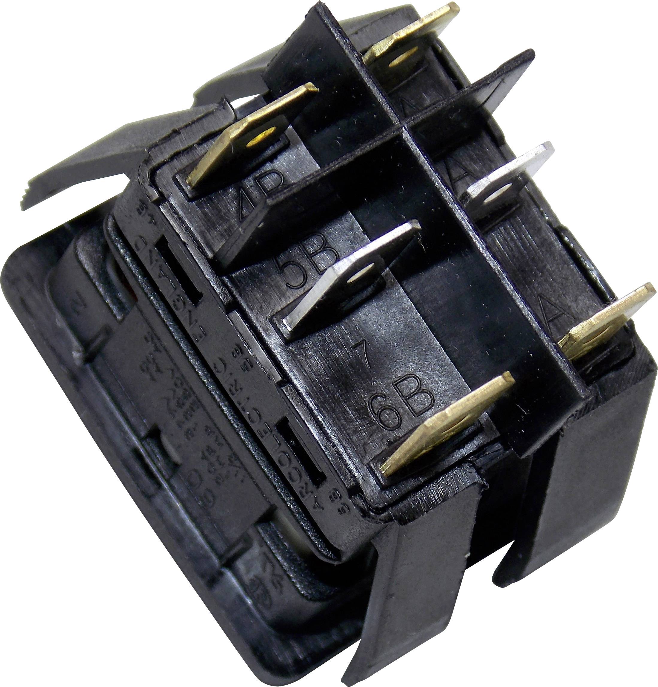 Ein schwarzer elektrischer Schalter mit mehreren Anschlüssen, die nummeriert sind. Oberseite zeigt sechs metallische Kontakte.